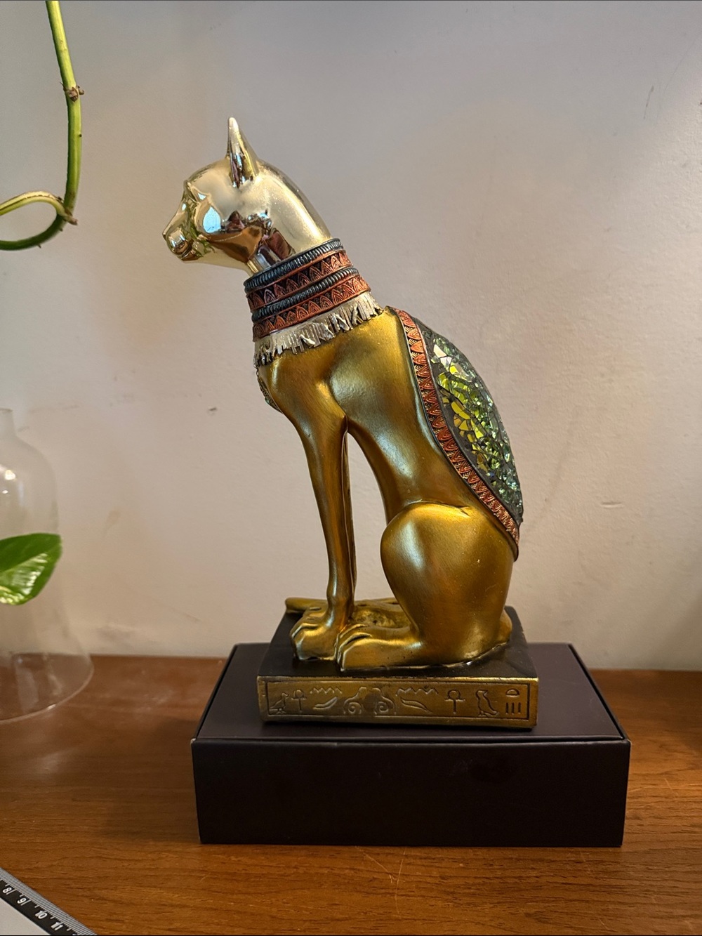 Egyptian Style Gold Cat Statue with Green Inlay